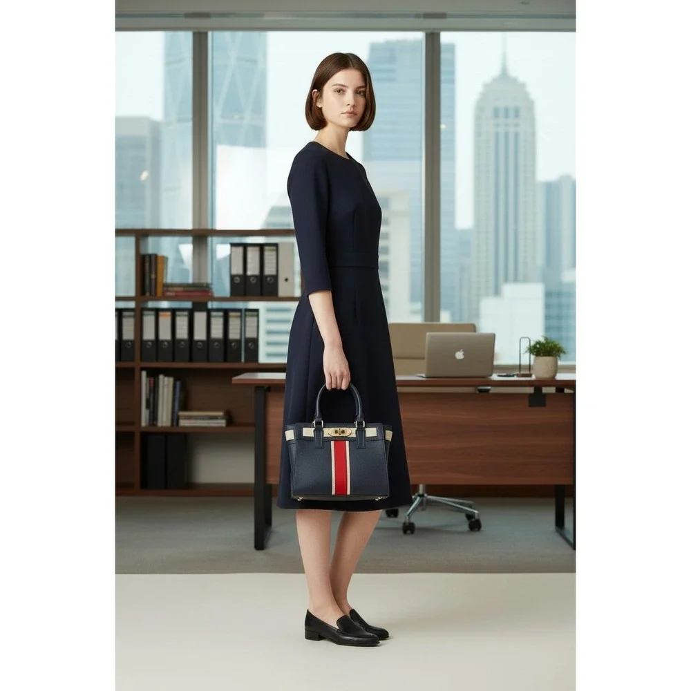Aldo Navy Blue Pebbled Satchel Handbag Red Cream Stripe‎ Gold Hardware Tote